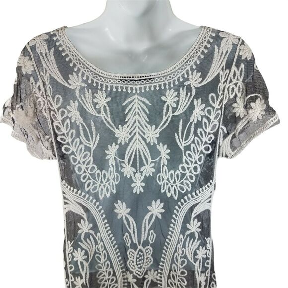 Dulcie Black Ivory Embroidered Mesh Top Sz M | Sheer Lace Boho Blouse - Picture 4 of 7